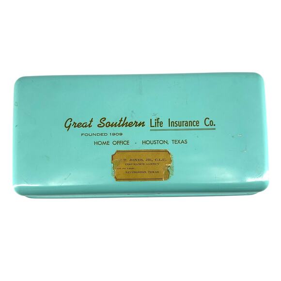 Vintage Turquoise Metal Box Great Southern Life Insurance Co Houston Texas - Picture 1 of 8